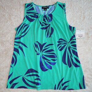 Women's Large Liz Claiborne Sleeveless Blouse Tank Green with Blue Leaves, NWT